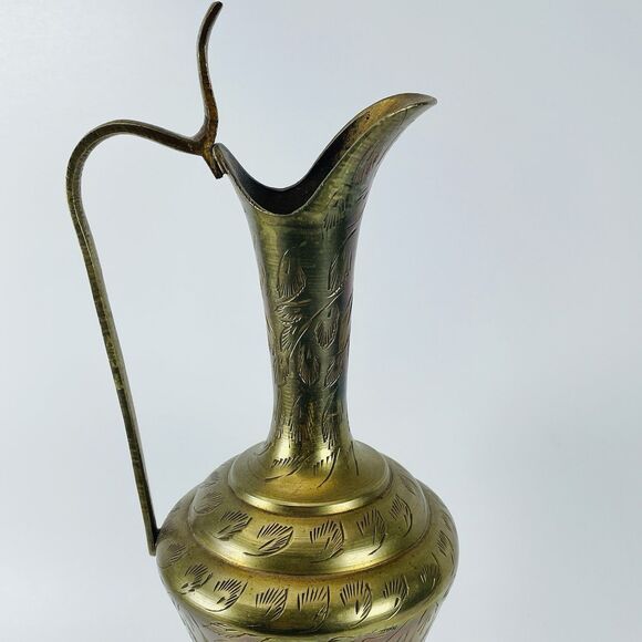 Vintage Etched Brass Ewer Urn Vase Pitcher Jug Cobra Handle Ornate 12in - Picture 3 of 8